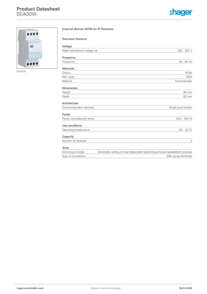 Image Hager Product data sheet EEA001A  | Hager