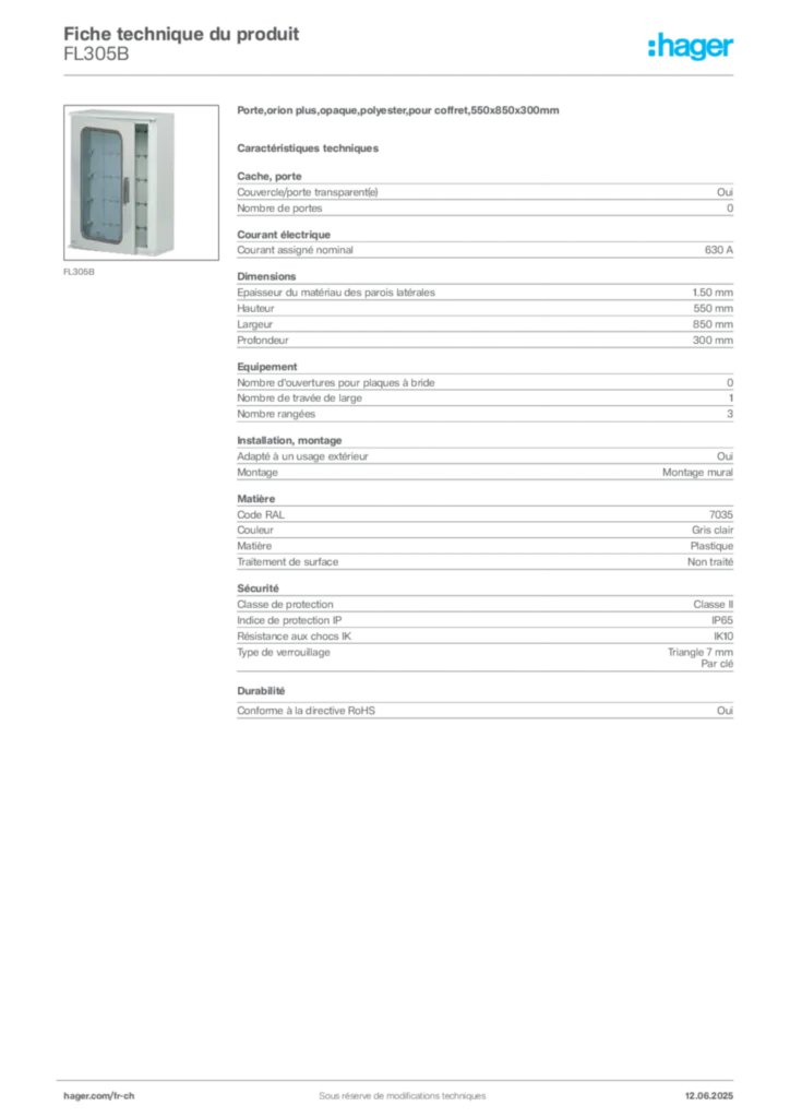 Image Hager Fiche technique du produit FL305B | Hager Suisse