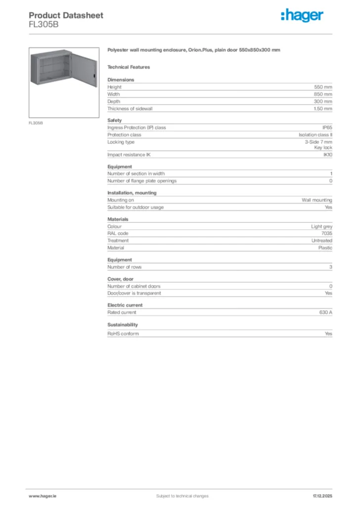 Image Hager Product data sheet FL305B  | Hager
