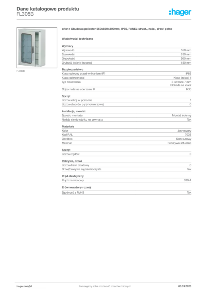 Zdjęcie Hager Karta katalogowa FL305B | Hager Polska