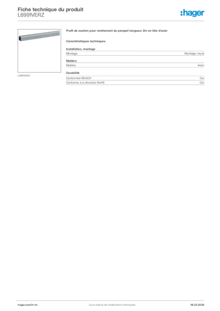 Image Hager Fiche technique du produit L6991VERZ | Hager Suisse