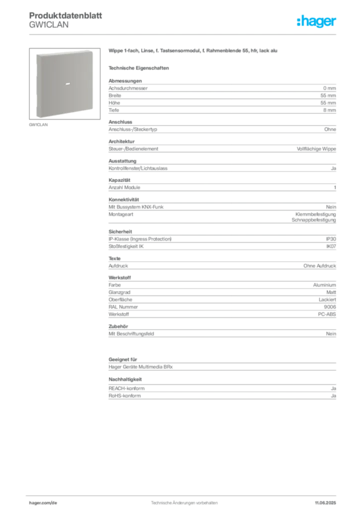 Hager Produktdatenblatt GW1CLAN