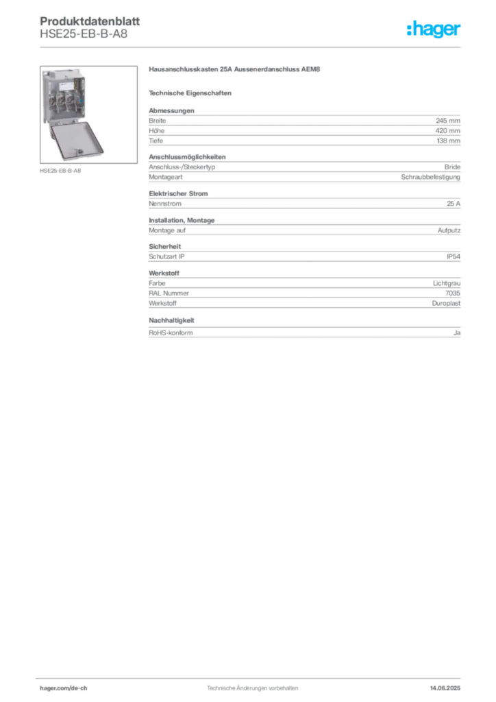 Bild Hager Produktdatenblatt HSE25-EB-B-A8 | Hager Schweiz