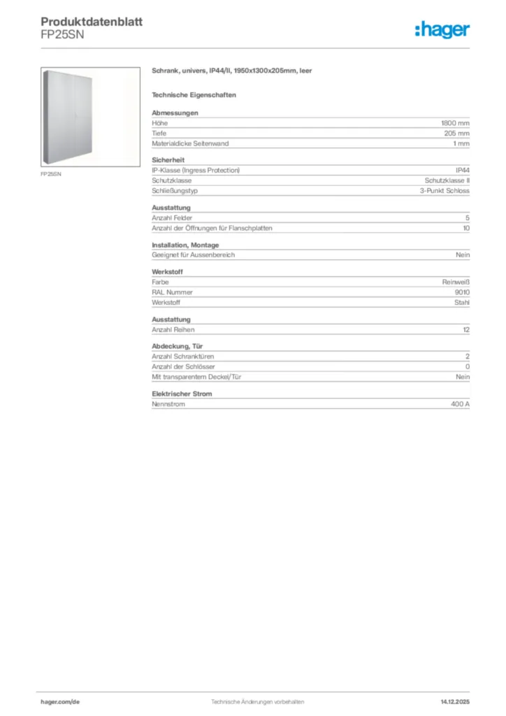 Bild Hager Produktdatenblatt FP25SN | Hager Deutschland