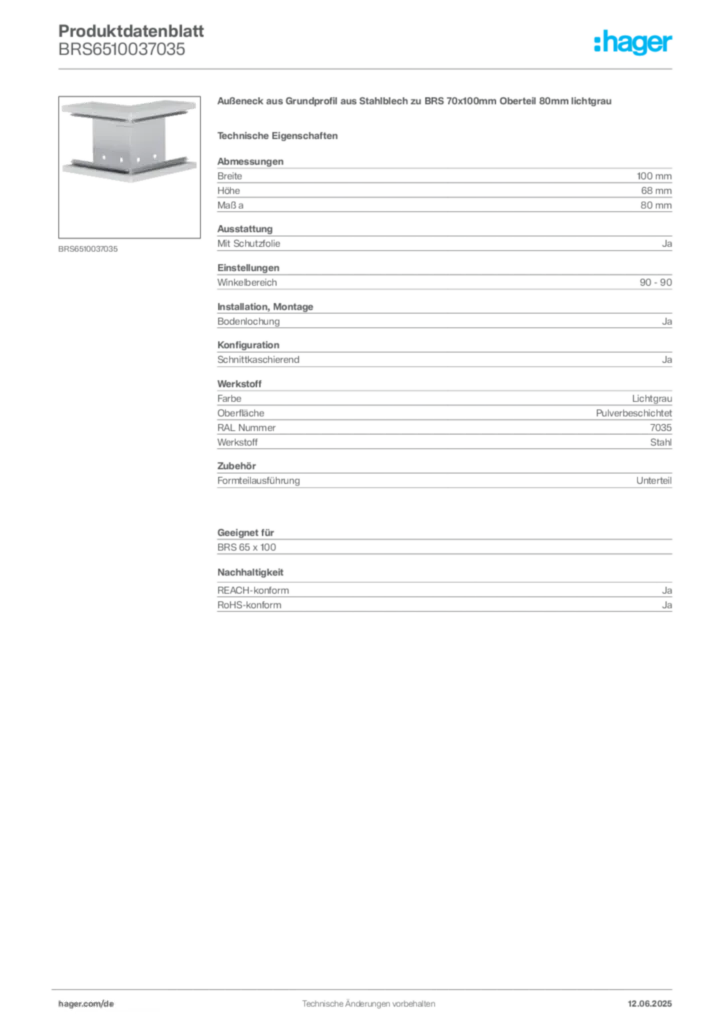 Bild Hager Produktdatenblatt BRS6510037035 | Hager Deutschland
