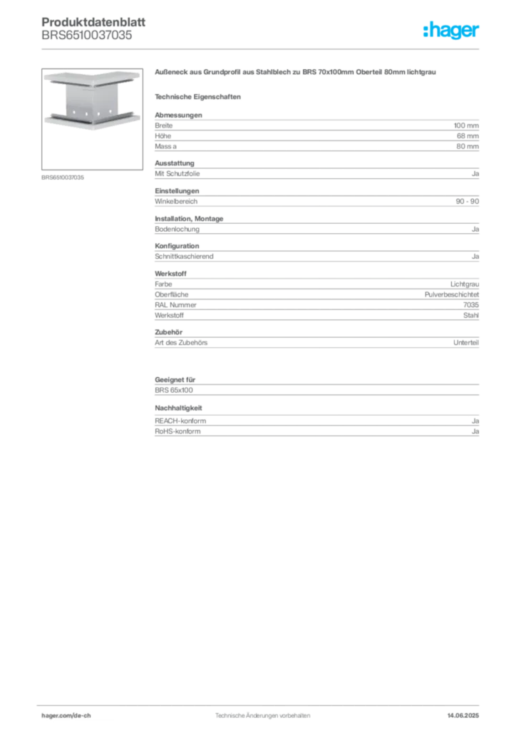 Bild Hager Produktdatenblatt BRS6510037035 | Hager Schweiz