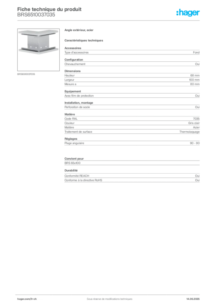 Image Hager Fiche technique du produit BRS6510037035 | Hager Suisse