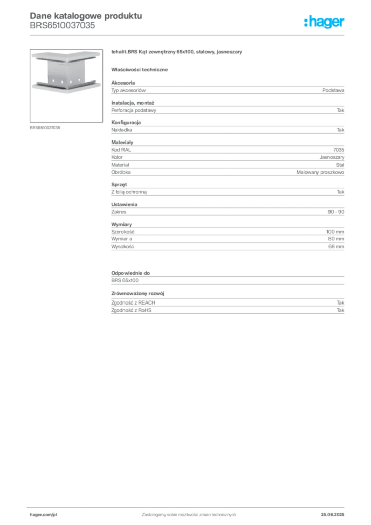 Zdjęcie Hager Karta katalogowa BRS6510037035 | Hager Polska