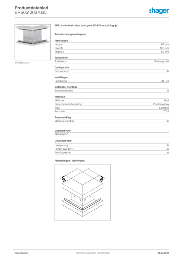 Afbeelding Hager Productdatablad BRS6510037035 | Hager Nederland