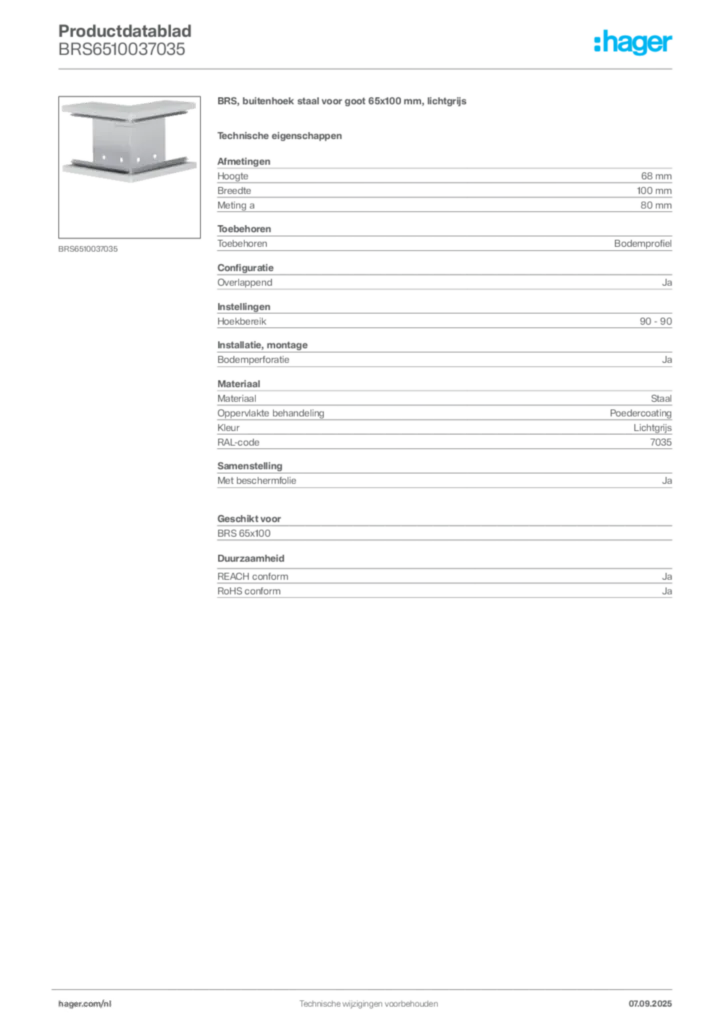 Afbeelding Hager Productdatablad BRS6510037035 | Hager Nederland