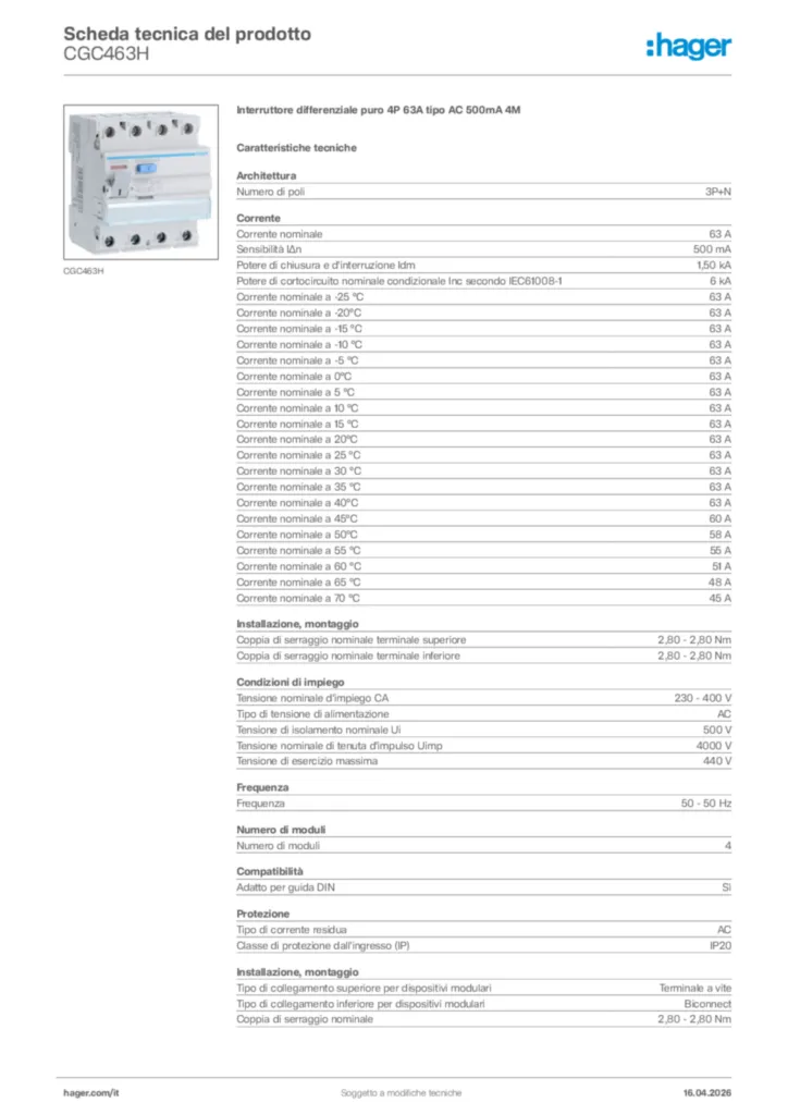 Immagine Hager Scheda tecnica del prodotto CGC463H | Hager Italia