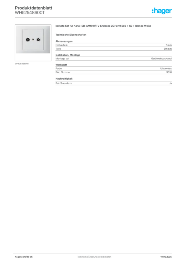 Bild Hager Produktdatenblatt WH52548600T | Hager Schweiz