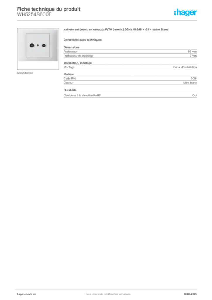 Image Hager Fiche technique du produit WH52548600T | Hager Suisse