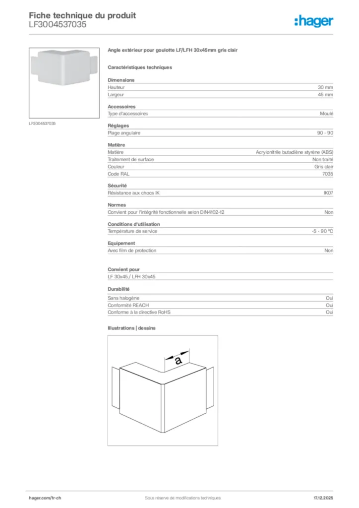 Image Hager Fiche technique du produit LF3004537035 | Hager Suisse