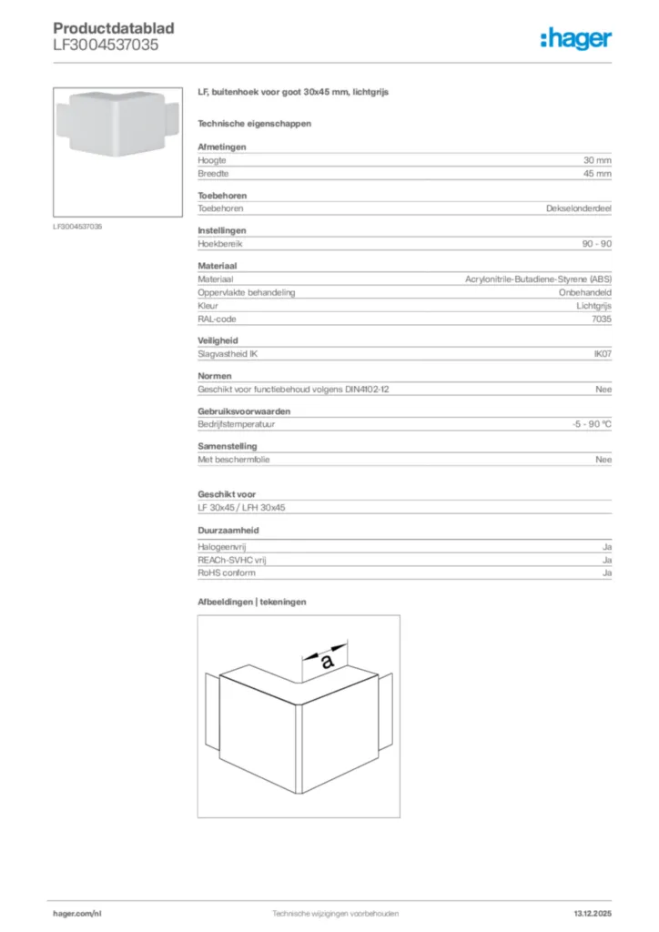 Afbeelding Hager Productdatablad LF3004537035 | Hager Nederland
