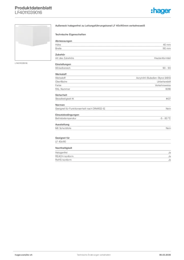 Bild Hager Produktdatenblatt LF4011039016 | Hager Schweiz
