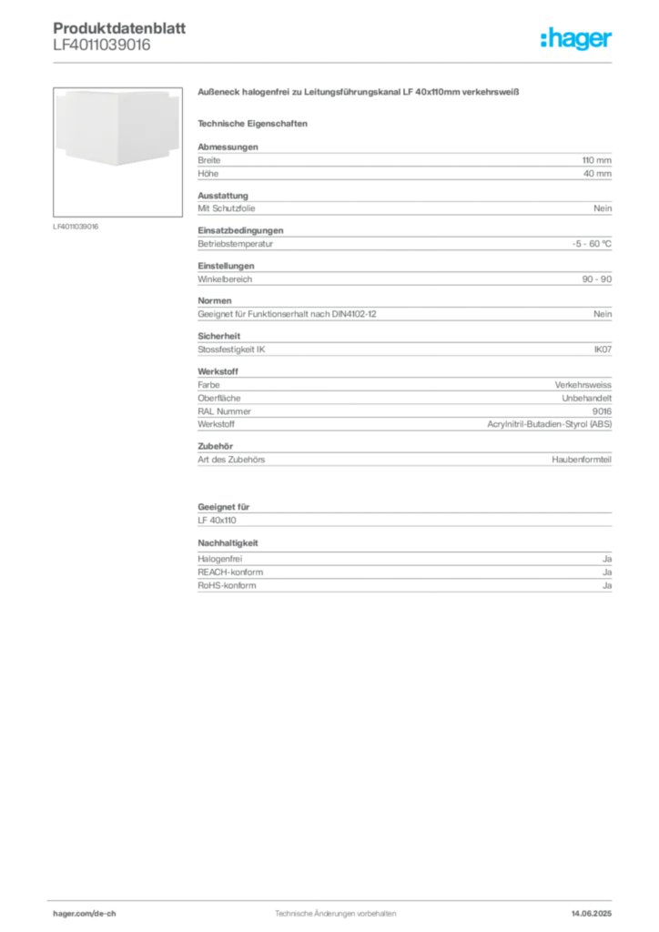 Bild Hager Produktdatenblatt LF4011039016 | Hager Schweiz