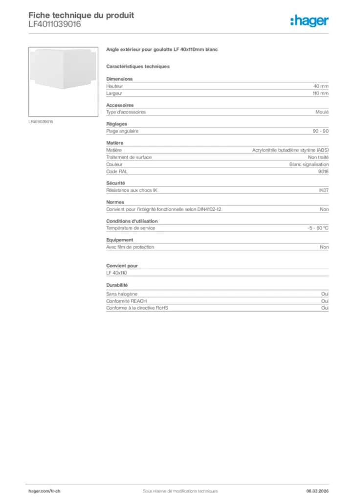 Image Hager Fiche technique du produit LF4011039016 | Hager Suisse
