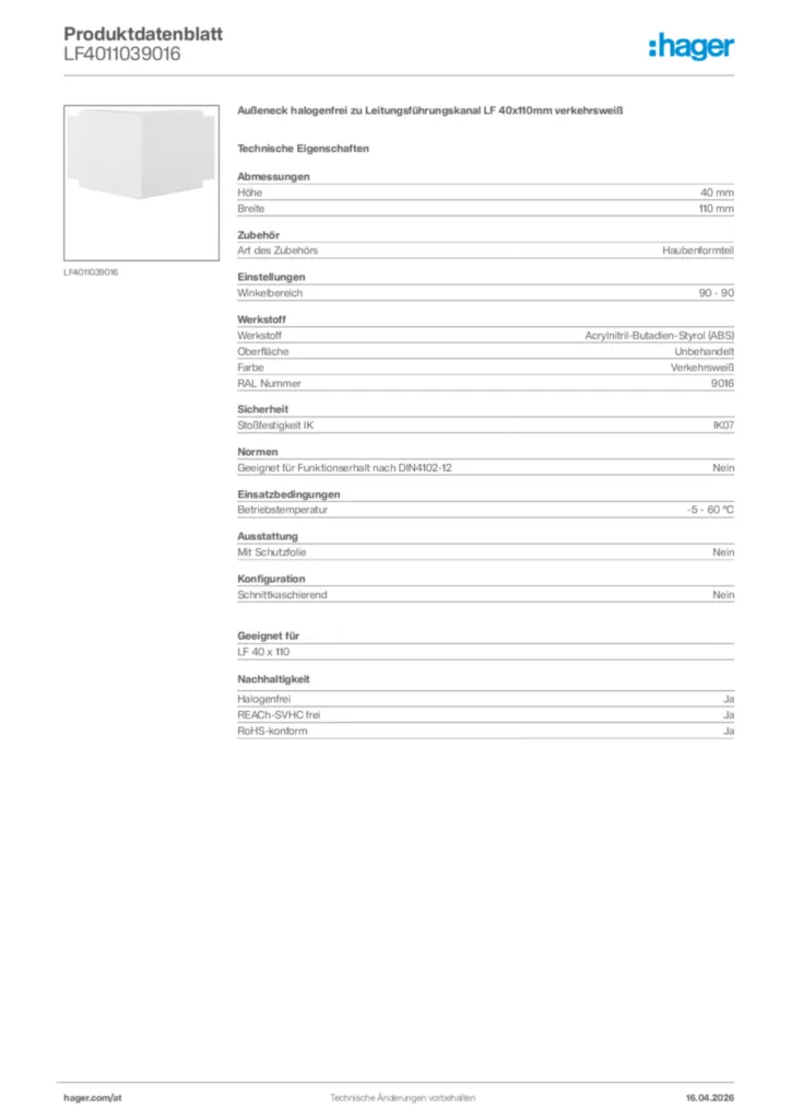 Bild Hager Produktdatenblatt LF4011039016 | Hager Deutschland