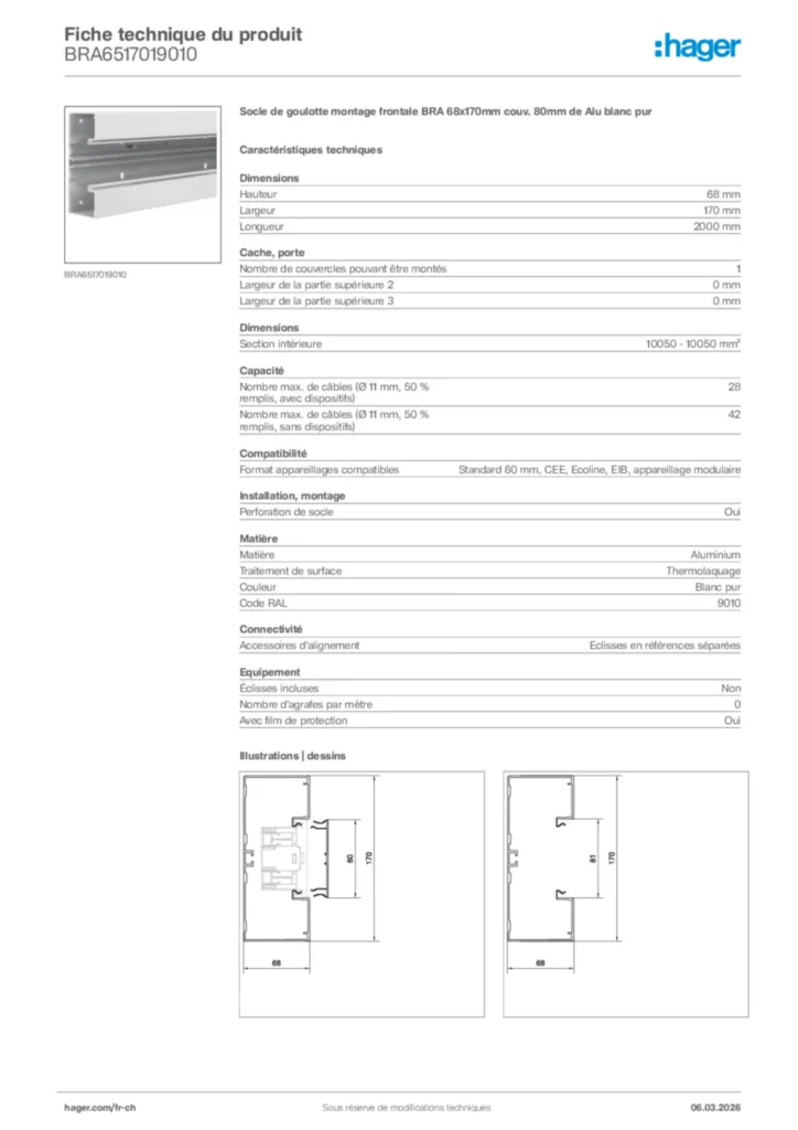 Image Hager Fiche technique du produit BRA6517019010 | Hager Suisse