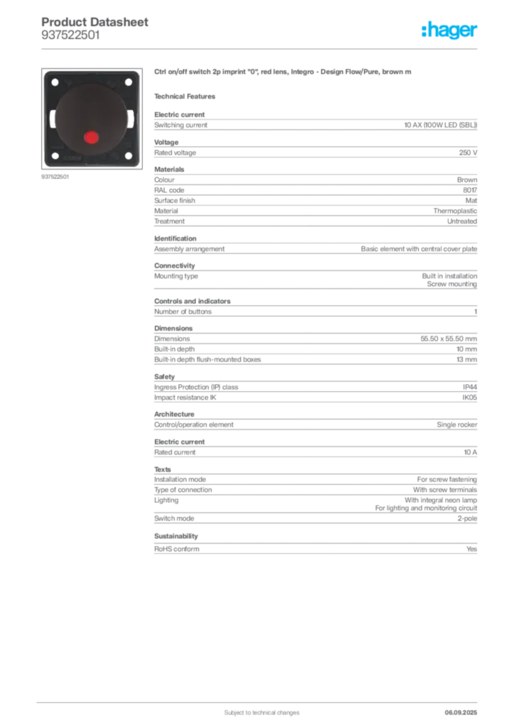 Image Hager Product data sheet 937522501  | Hager