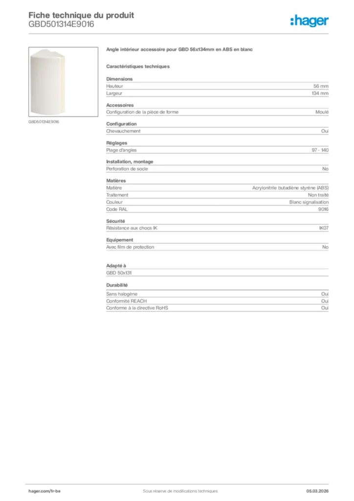Image Hager Fiche technique du produit GBD501314E9016 | Hager Belgique