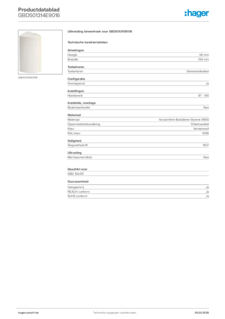 Afbeelding Hager Productdatablad GBD501314E9016 | Hager Belgium
