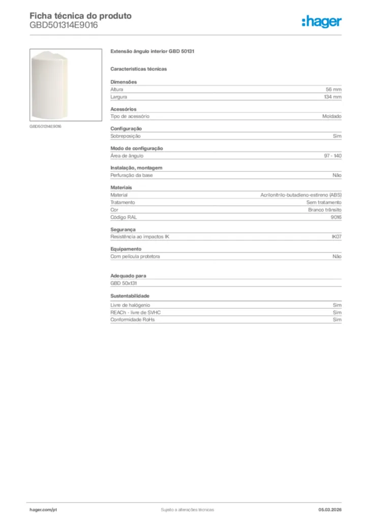 Imagem Hager Ficha técnica do produto GBD501314E9016 | Hager Portugal