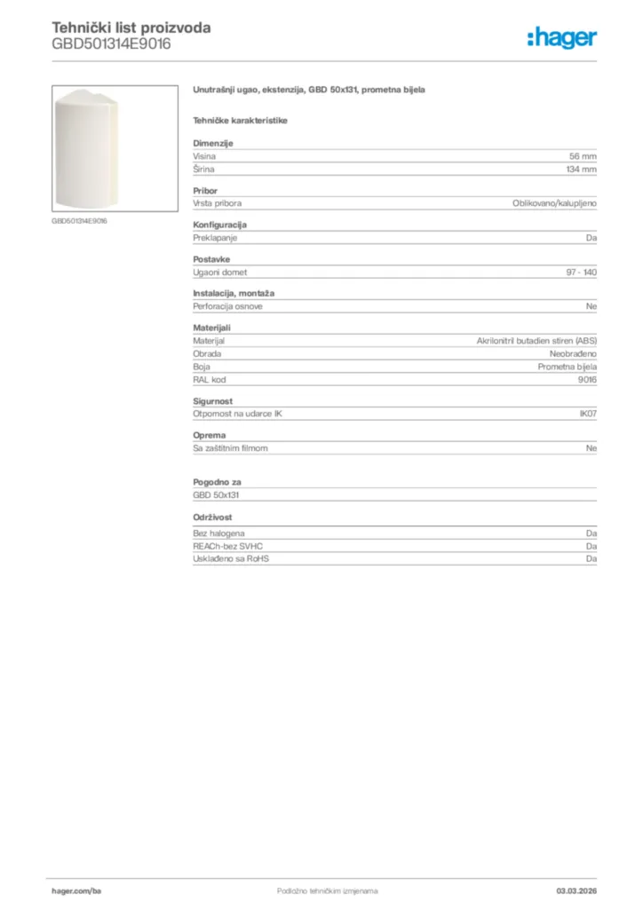 Slika Hager Tehnički list proizvoda GBD501314E9016  | Hager