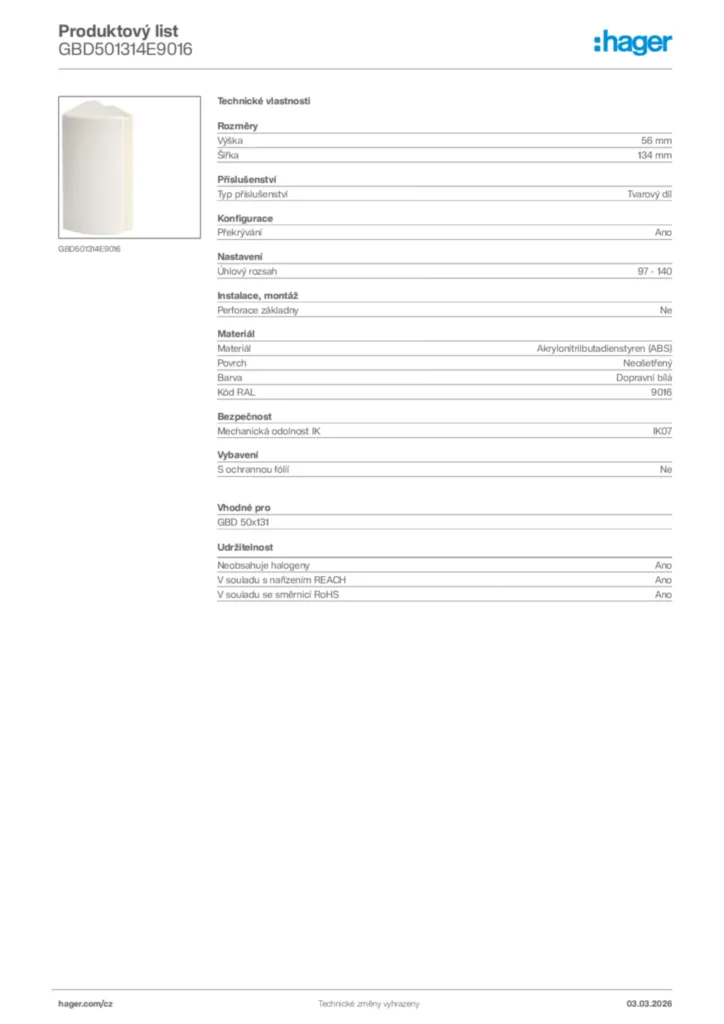 Obrázek Hager Product data sheet GBD501314E9016 | Hager