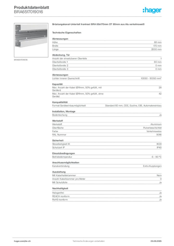 Bild Hager Produktdatenblatt BRA6517019016 | Hager Schweiz