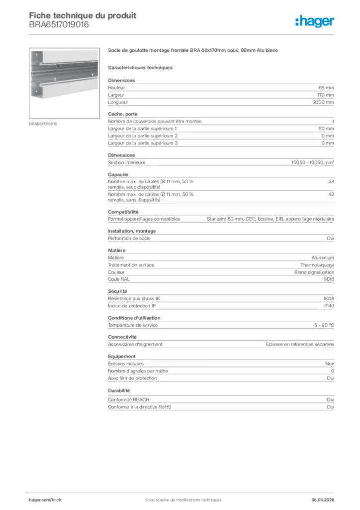 Image Hager Fiche technique du produit BRA6517019016 | Hager Suisse