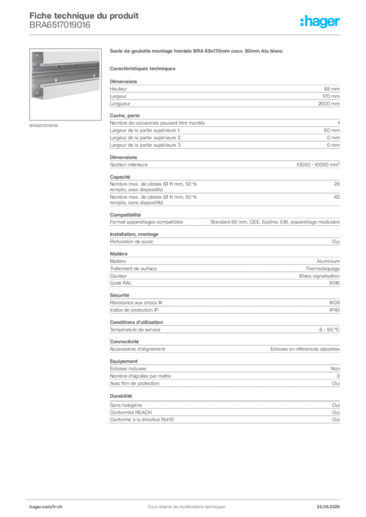 Image Hager Fiche technique du produit BRA6517019016 | Hager Suisse