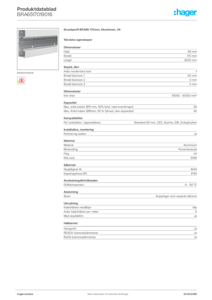 Bild Hager Produktdatablad BRA6517019016 | Hager Sverige