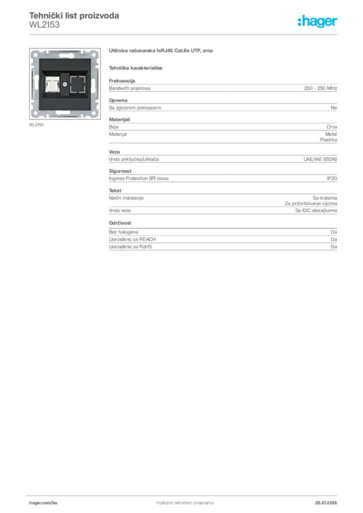 Slika Hager Product data sheet WL2153  | Hager