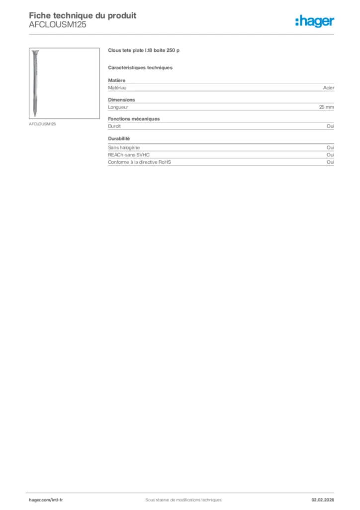 Image Hager Fiche technique du produit AFCLOUSM125 | Hager Afrique