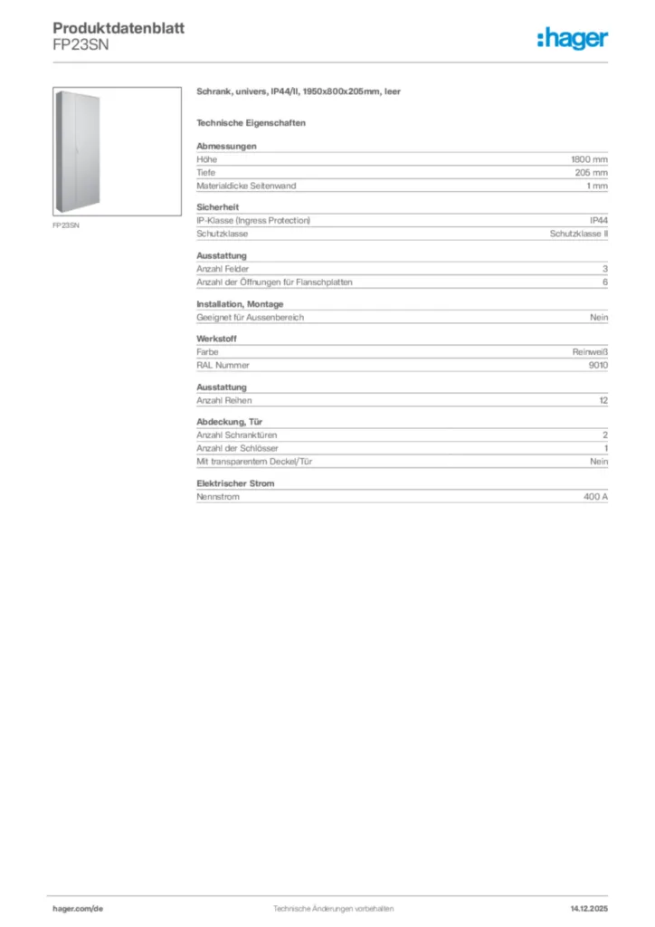 Bild Hager Produktdatenblatt FP23SN | Hager Deutschland