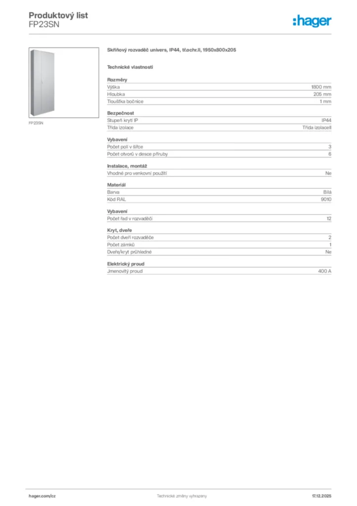 Obrázek Hager Produktový list FP23SN | Hager