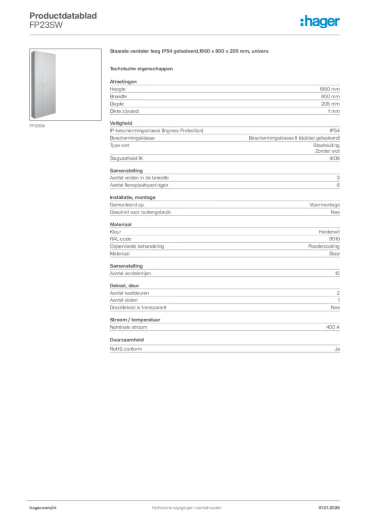 Afbeelding Hager Productdatablad FP23SW | Hager Nederland
