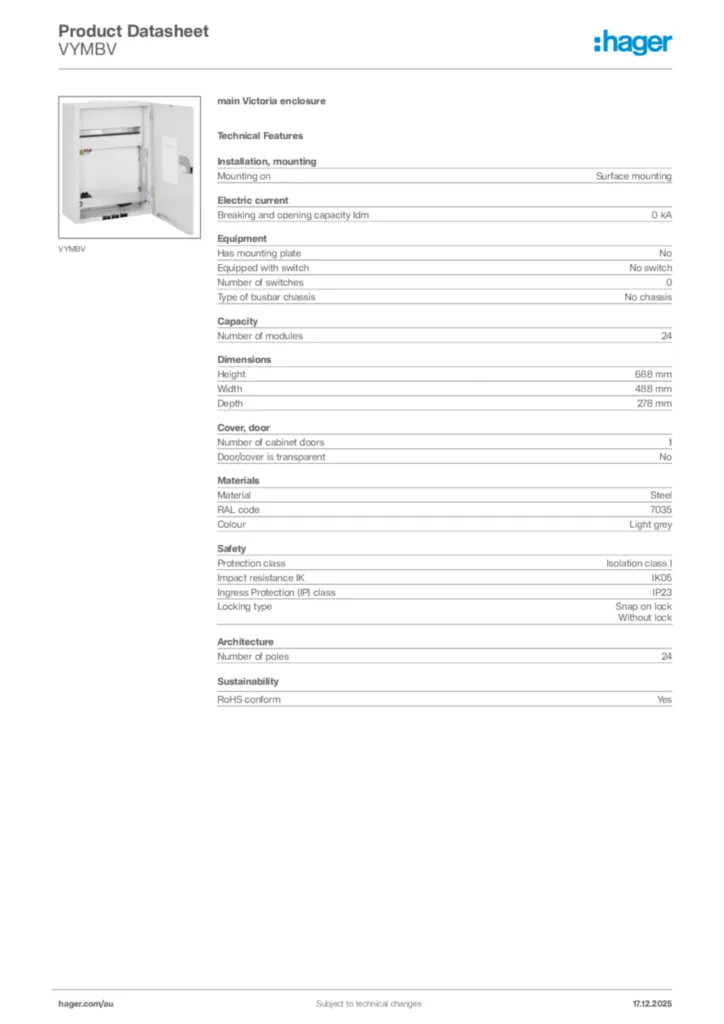 Image Hager Product data sheet VYMBV  | Hager Australia