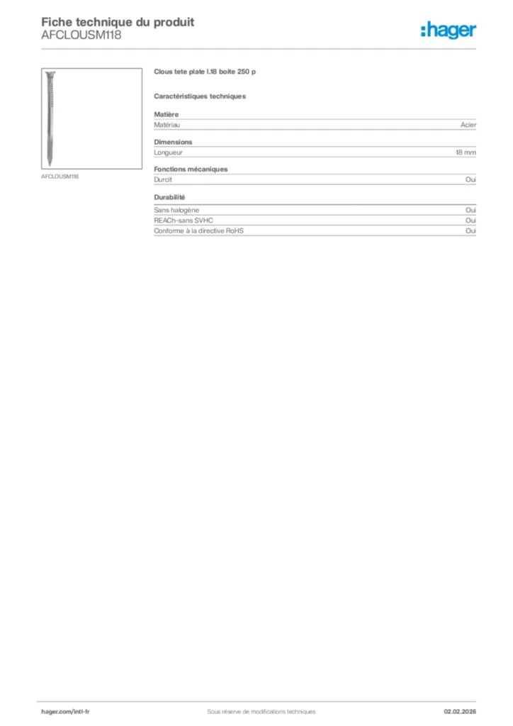 Image Hager Fiche technique du produit AFCLOUSM118 | Hager Afrique