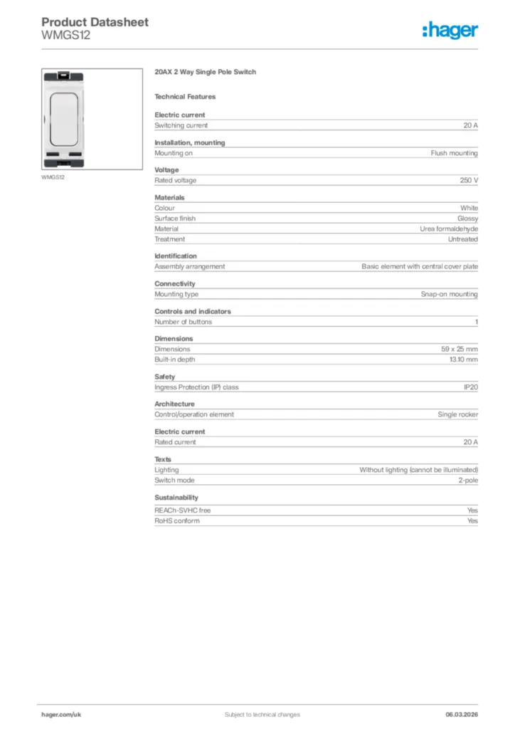 Image Hager Product data sheet WMGS12  | Hager