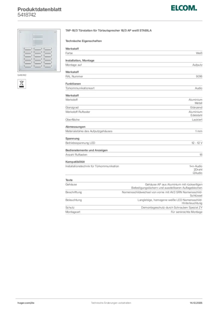 Bild Elcom Produktdatenblatt 5418742 | Hager Deutschland