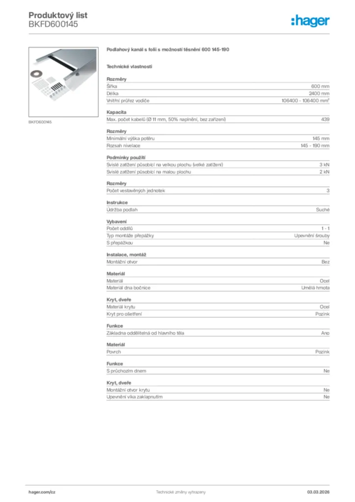 Obrázek Hager Product data sheet BKFD600145 | Hager