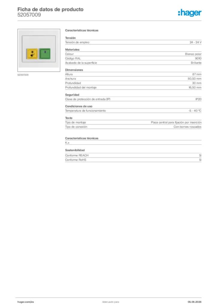 Imagen Hager Ficha de datos de producto 52057009 | Hager España