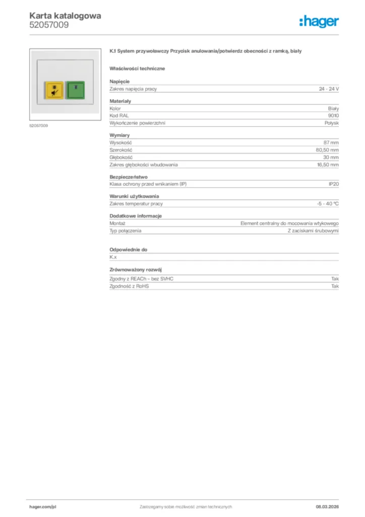 Zdjęcie Hager Karta katalogowa 52057009 | Hager Polska