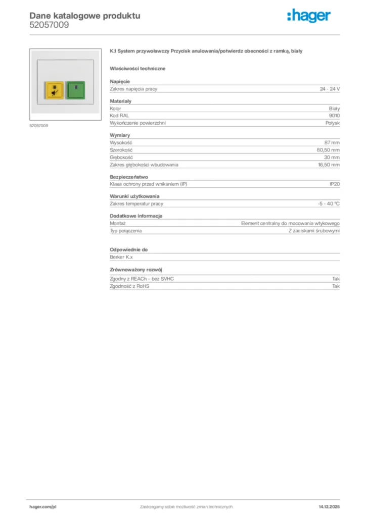 Zdjęcie Hager Karta katalogowa 52057009 | Hager Polska