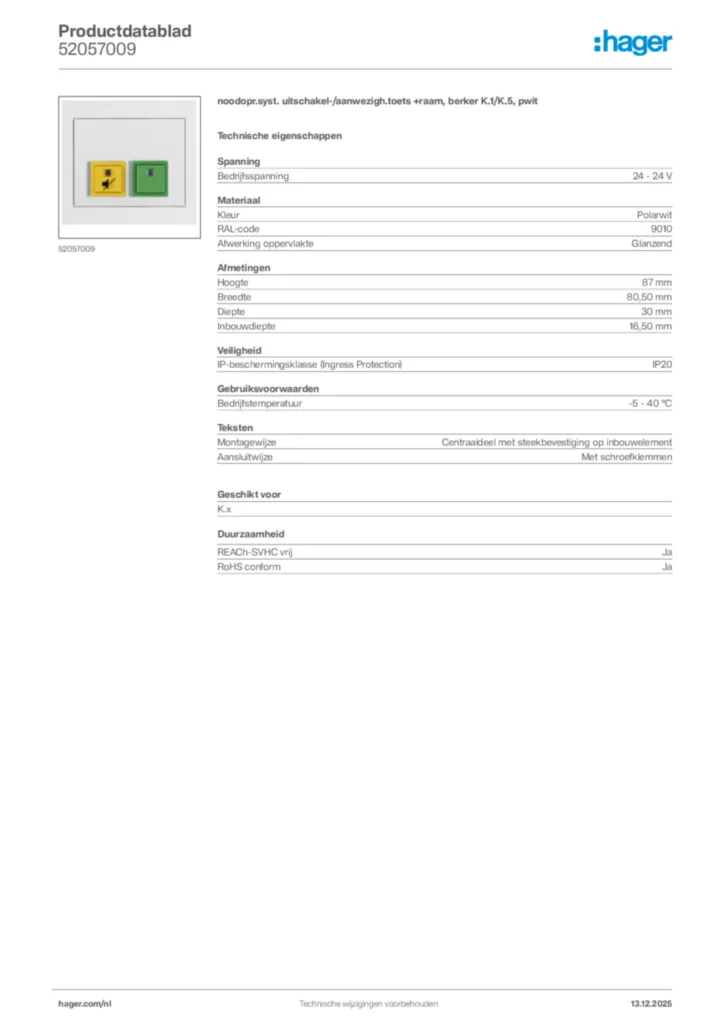 Afbeelding Hager Productdatablad 52057009 | Hager Nederland