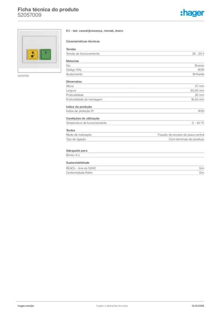 Imagem Hager Ficha técnica do produto 52057009 | Hager Portugal