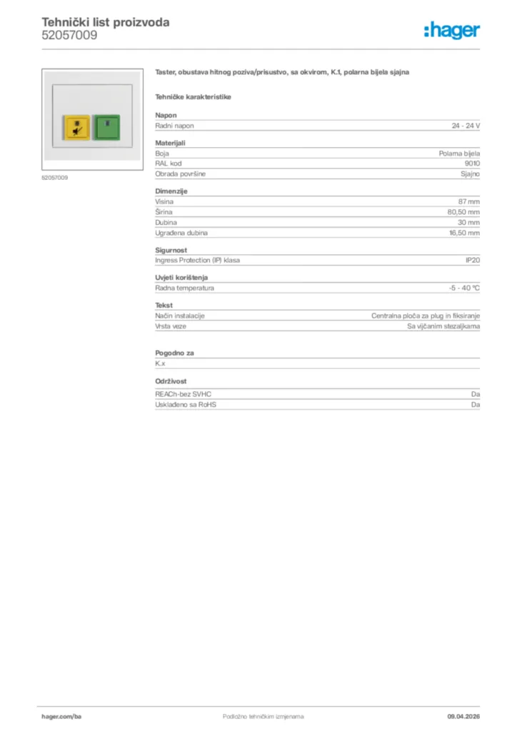 Slika Hager Tehnički list proizvoda 52057009  | Hager